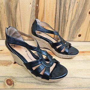 Sofft Black Espadrille Leather Wedge Strappy Sandals Size 9